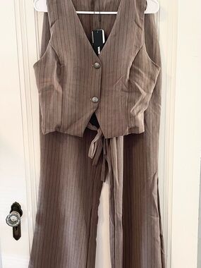 Fashion Nova Brown Pinstripe Wide-Leg Jumpsuit Set
